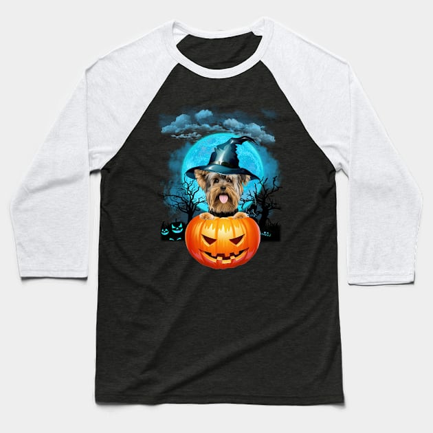 Yorkshire Terrier Witch Hat Pumpkin And Blue Moon Halloween Baseball T-Shirt by PlumleelaurineArt